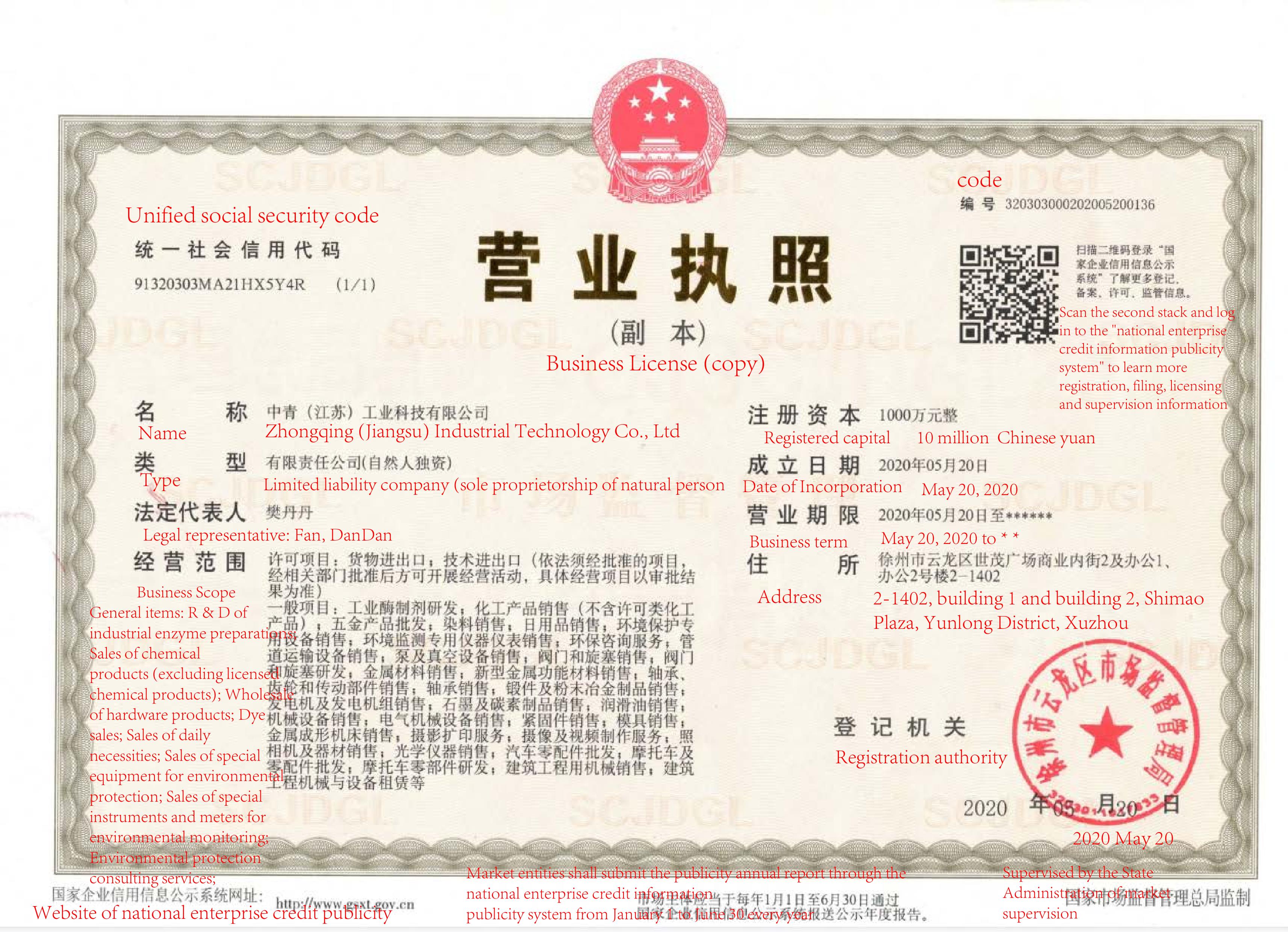 Business license (Zhongqing (jiangsu) Industrial Technology Co., Ltd)